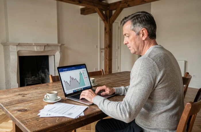 Homme analysant des données du marché immobilier français sur un ordinateur portable dans un appartement haussmannien rénové à Paris