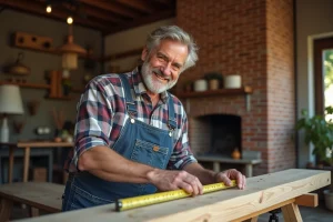 Artisan mesurant un bois dans une pièce rénovée chaleureuse