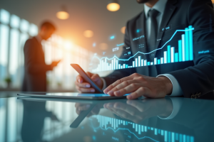 Banquier professionnel utilisant une tablette dans une banque moderne