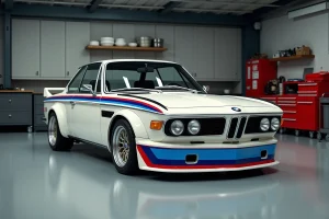 BMW 3.0 CSL vintage dans un garage privé, vue trois quarts avant avec carrosserie blanche et bandes racing