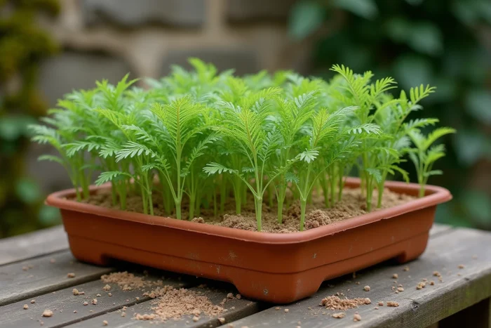 Boutures de tanaisie disposées dans un plateau en terre cuite rempli de terreau de bouturage sur un établi de jardinage en bois