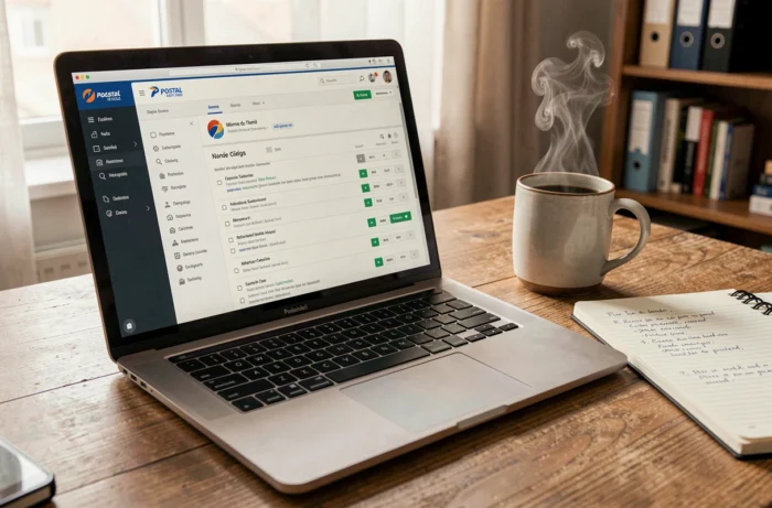 Bureau à domicile avec ordinateur portable affichant une boîte mail et accessoires de travail professionnel