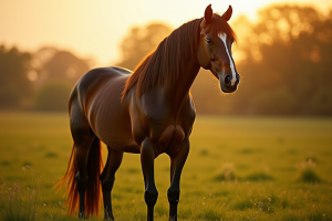 Cheval frison majestueux dans un pré ensoleillé