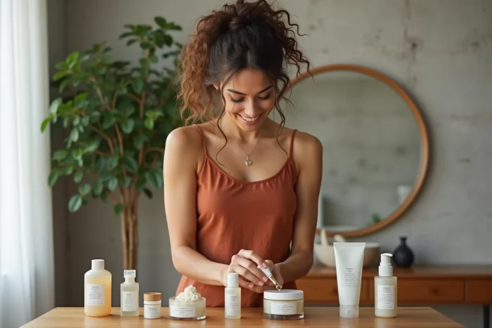Jeune femme choisissant une crème hydratante parmi ses soins beauté sur une coiffeuse minimaliste