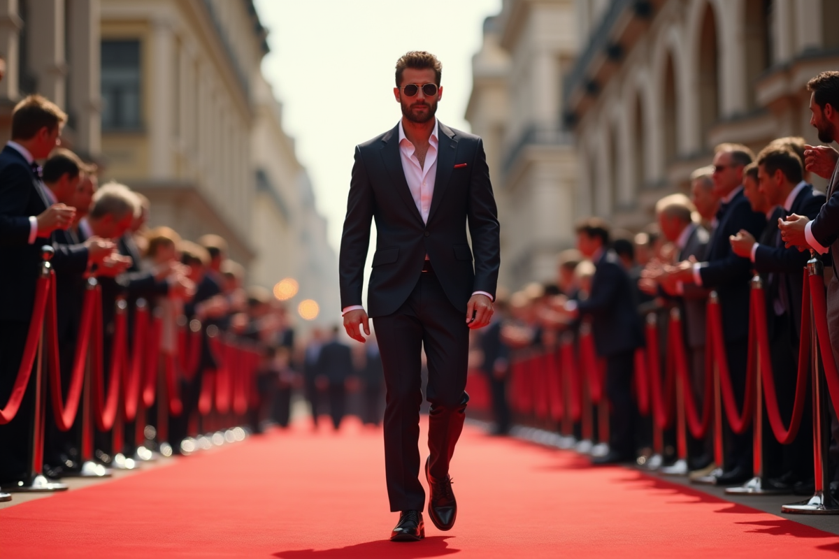 Célébrité masculine sur le tapis rouge en journée