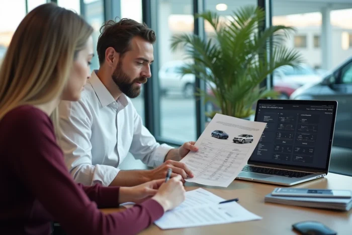 Conseiller automobile et cliente analysant ensemble des fiches comparatives de véhicules sur un bureau de concession
