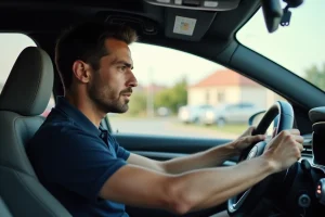 Conducteur au volant d'une voiture tenant le permis de conduire B2, vue intérieure réaliste