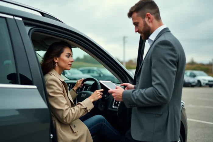 Femme écoutant les conseils personnalisés d'un conseiller automobile assis dans un SUV lors d'un essai en concession