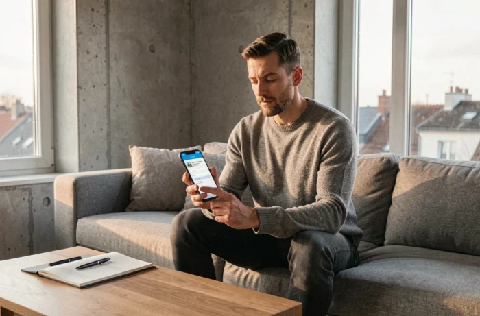 Homme utilisant son smartphone pour contacter AG Immobilier depuis son salon
