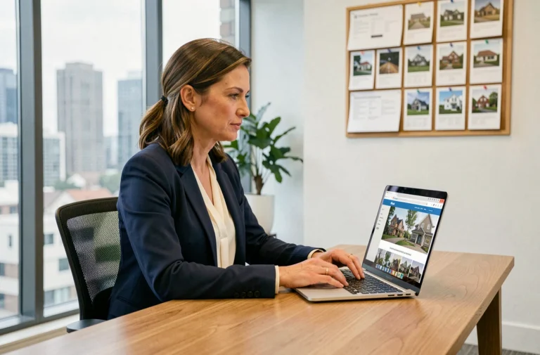 Femme professionnelle contactant une agence immobilière en ligne depuis son bureau