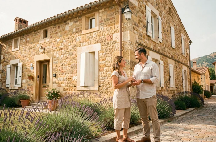 Couple tenant des clés devant une maison en pierre rénovée dans un village provençal, symbolisant un investissement immobilier réussi en France