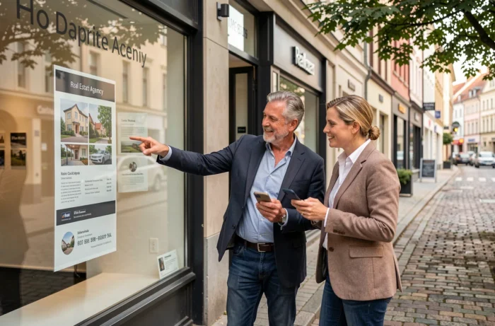 Couple devant la vitrine d'une agence immobilière consultant les annonces et les coordonnées de contact