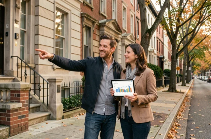 Un couple évalue un immeuble résidentiel pour un investissement locatif rentable dans un quartier urbain