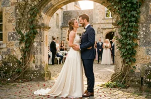 Couple de mariés souriant sous une arche en pierre d'un château français lors de leur mariage