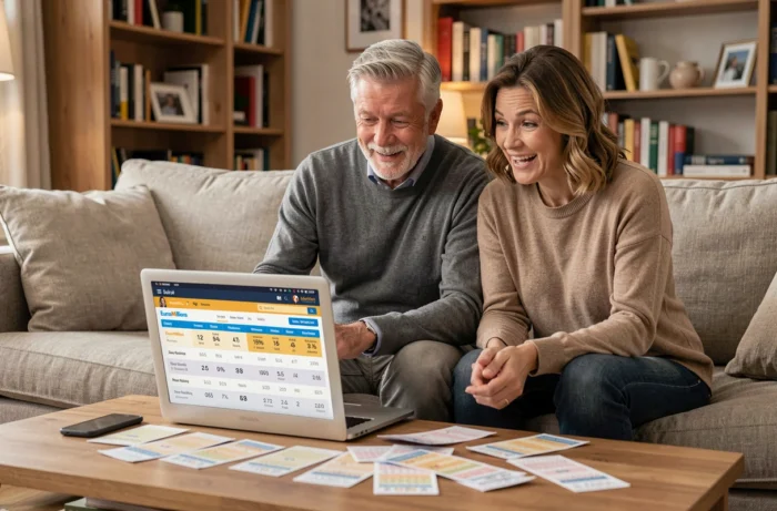 Couple vérifiant les résultats EuroMillions avec des tickets de loterie sur la table basse