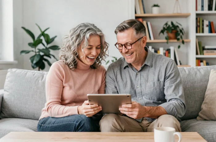 Couple de seniors heureux partageant un moment de complicité sur un canapé, symbolisant l'épanouissement et la qualité de vie après 60 ans