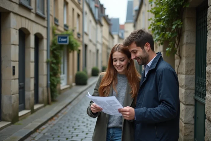 Couple visitant une maison à louer dans une rue pavée d'une ville de province française