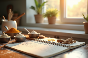 Plan de travail cuisine avec cuillères et tasses de mesure pour la pâtisserie