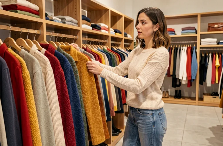 Femme découvrant une sélection de vêtements variés dans une boutique moderne aux rayons colorés