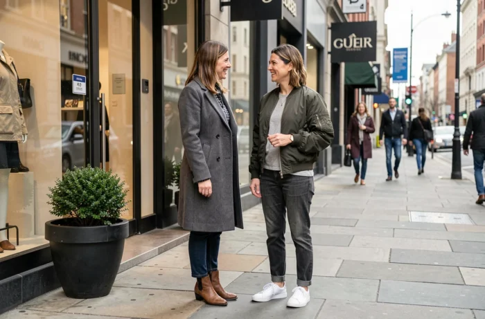 Deux femmes élégamment habillées devant l'entrée d'une boutique de marque en milieu urbain