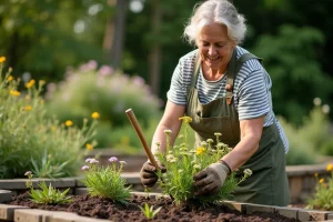 Femme jardinière divisant une touffe de tanaisie dans un parterre de jardin avec une fourche, sol riche visible au premier plan