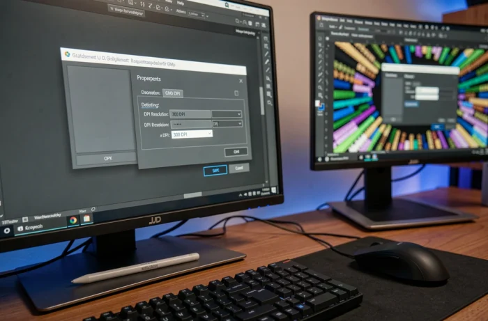 Écran d'ordinateur affichant les paramètres de résolution DPI dans un logiciel de retouche photo avec clavier mécanique sur bureau