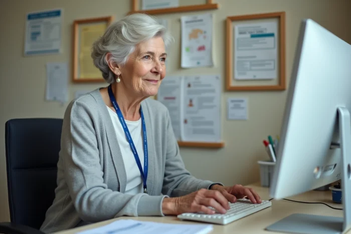 Employée administrative d'un établissement de soins saisissant des données patients dans un logiciel conforme au RGPD à l'accueil d'un EHPAD