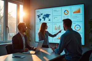 Équipe d'affaires collaborant autour d'un tableau digital