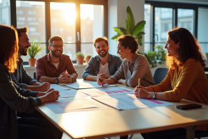 Groupe diversifié en réunion avec feedback client et graphiques