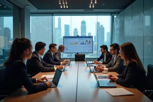 Groupe de professionnels discutant stratégies marketing en réunion