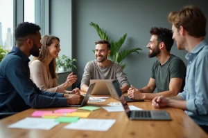 Groupe de professionnels en réunion de travail dynamique