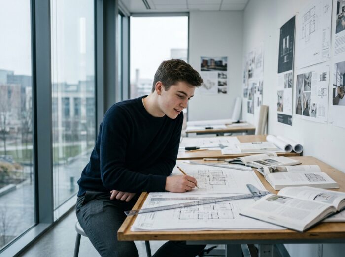 Étudiant lycéen travaillant sur des esquisses de design graphique dans une salle de cours d'une école d'art supérieure