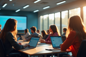 Groupe d'étudiants utilisant des ordinateurs dans une salle lumineuse