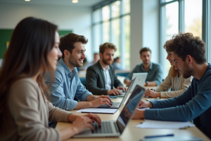 Groupe d'étudiants en classe moderne utilisant des laptops