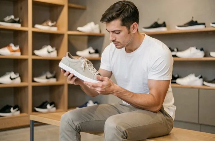 Homme examinant attentivement des chaussures dans un espace dédié à la chaussure de marque