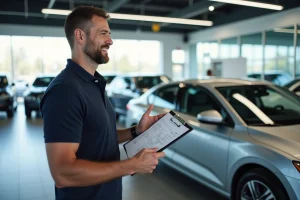 Expert automobile conseillant un client dans une concession moderne, tenant un dossier de fiches techniques devant une berline argentée