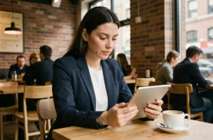 Femme consultant les actualités du moment sur une tablette dans un café urbain moderne