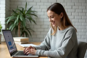 Femme utilisant WhatsApp Web sur un ordinateur portable pour passer un appel depuis son navigateur dans un bureau à domicile