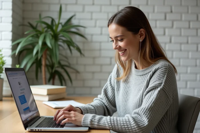 Femme utilisant WhatsApp Web sur un ordinateur portable pour passer un appel depuis son navigateur dans un bureau à domicile