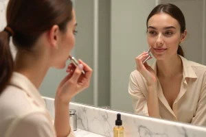 Jeune femme appliquant un rouge à lèvres nude devant un miroir de salle de bain en marbre blanc avec des produits de maquillage Makeup Chic