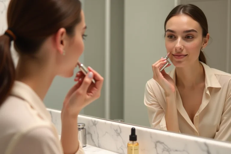 Jeune femme appliquant un rouge à lèvres nude devant un miroir de salle de bain en marbre blanc avec des produits de maquillage Makeup Chic