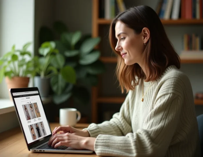Femme consultant des avis clients sur un site de mode grande taille depuis son bureau à domicile