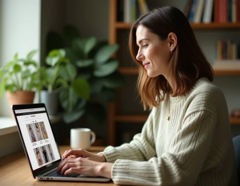 Femme consultant des avis clients sur un site de mode grande taille depuis son bureau à domicile