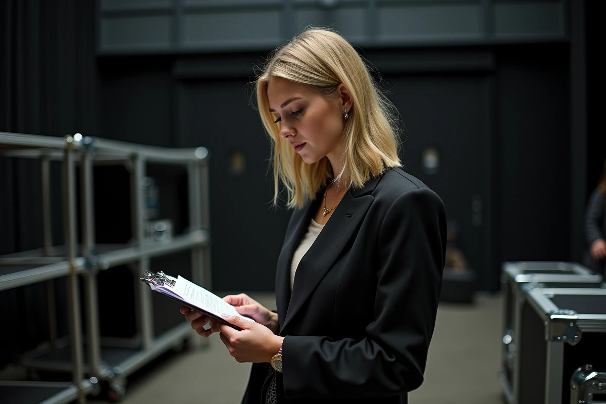 Femme en backstage de concert avec notes et scène