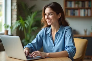 Jeune femme souriante travaillant sur son ordinateur à la maison