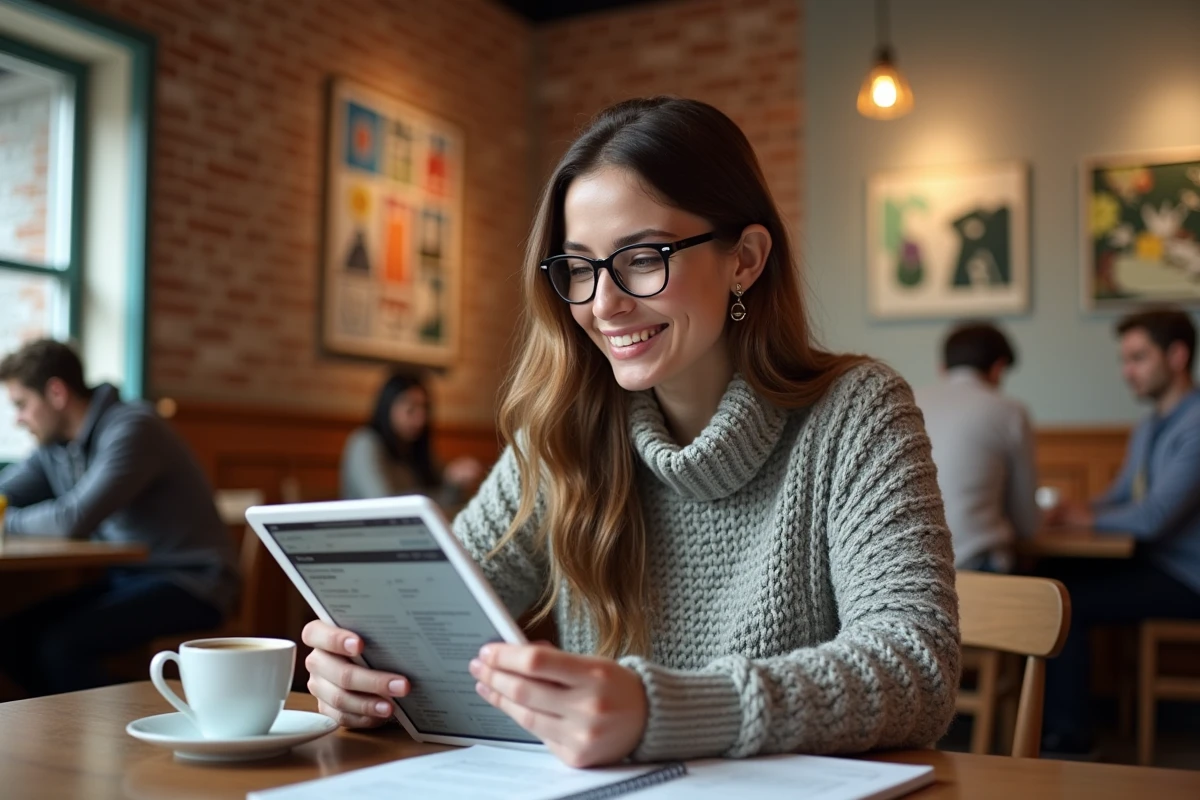 Femme lisant un article sur tablette dans un café chaleureux