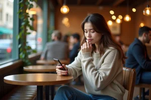 Jeune femme pensive au café avec téléphone