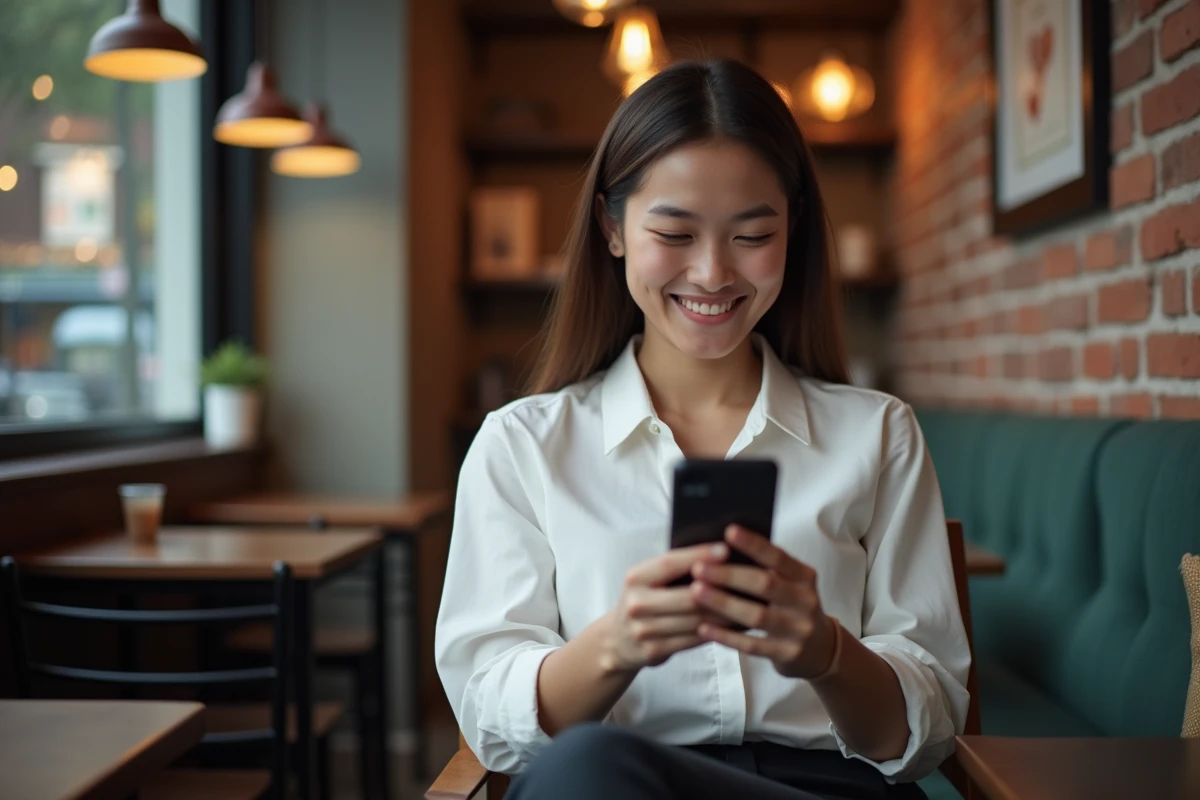 Jeune femme regardant un match sur son smartphone dans un café