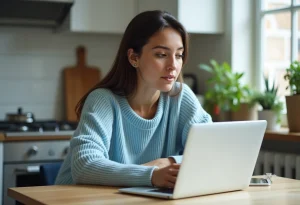 Femme décontractée travaillant sur son ordinateur à la maison