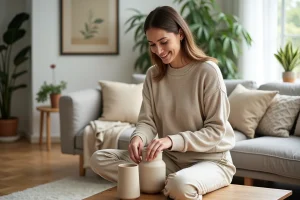Jeune femme arrangeant un vase en céramique dans un salon lumineux